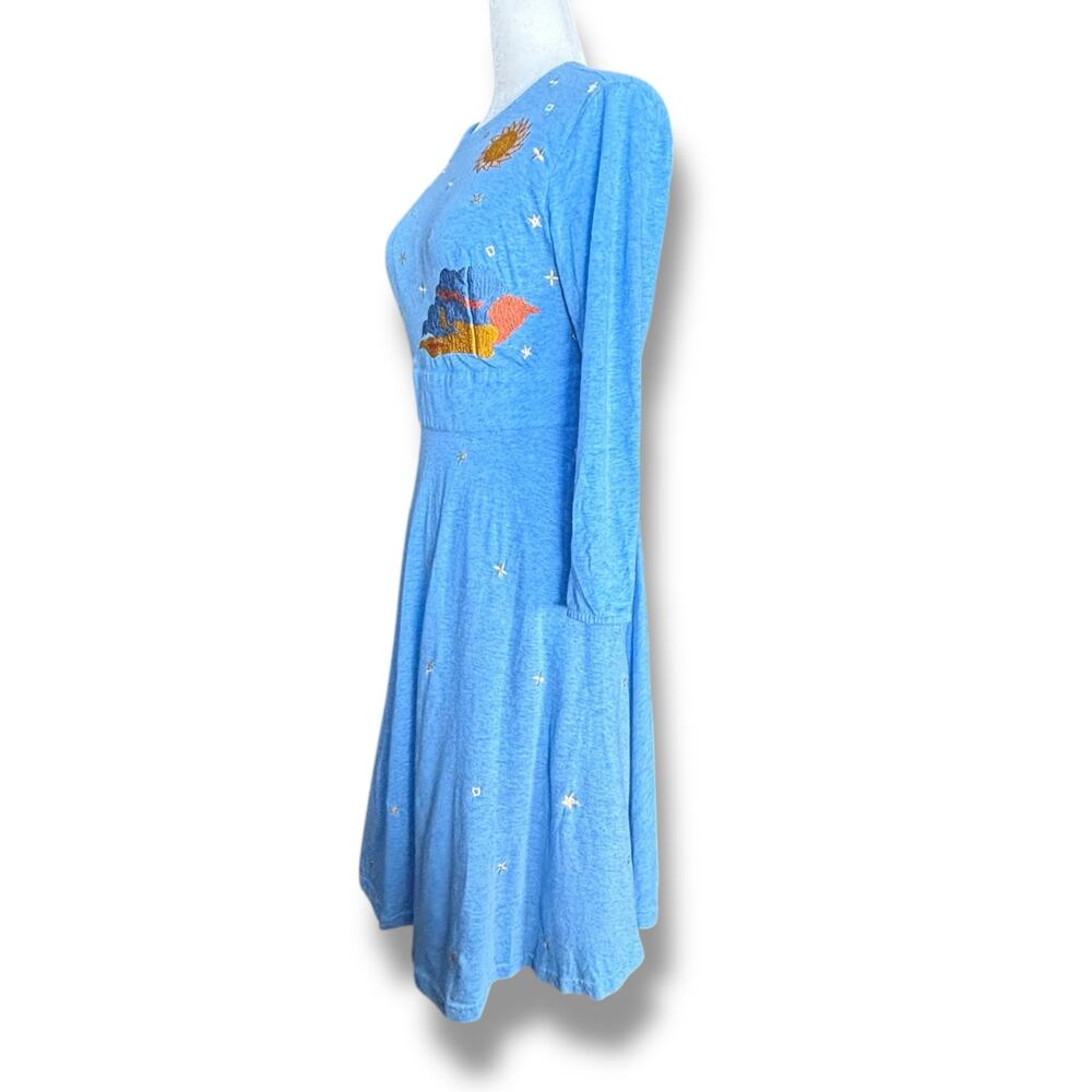 eShakti Blue Embroidered Fox Sun Clouds Cotton Spandex Long Sleeve Dress - Picture 5 of 12
